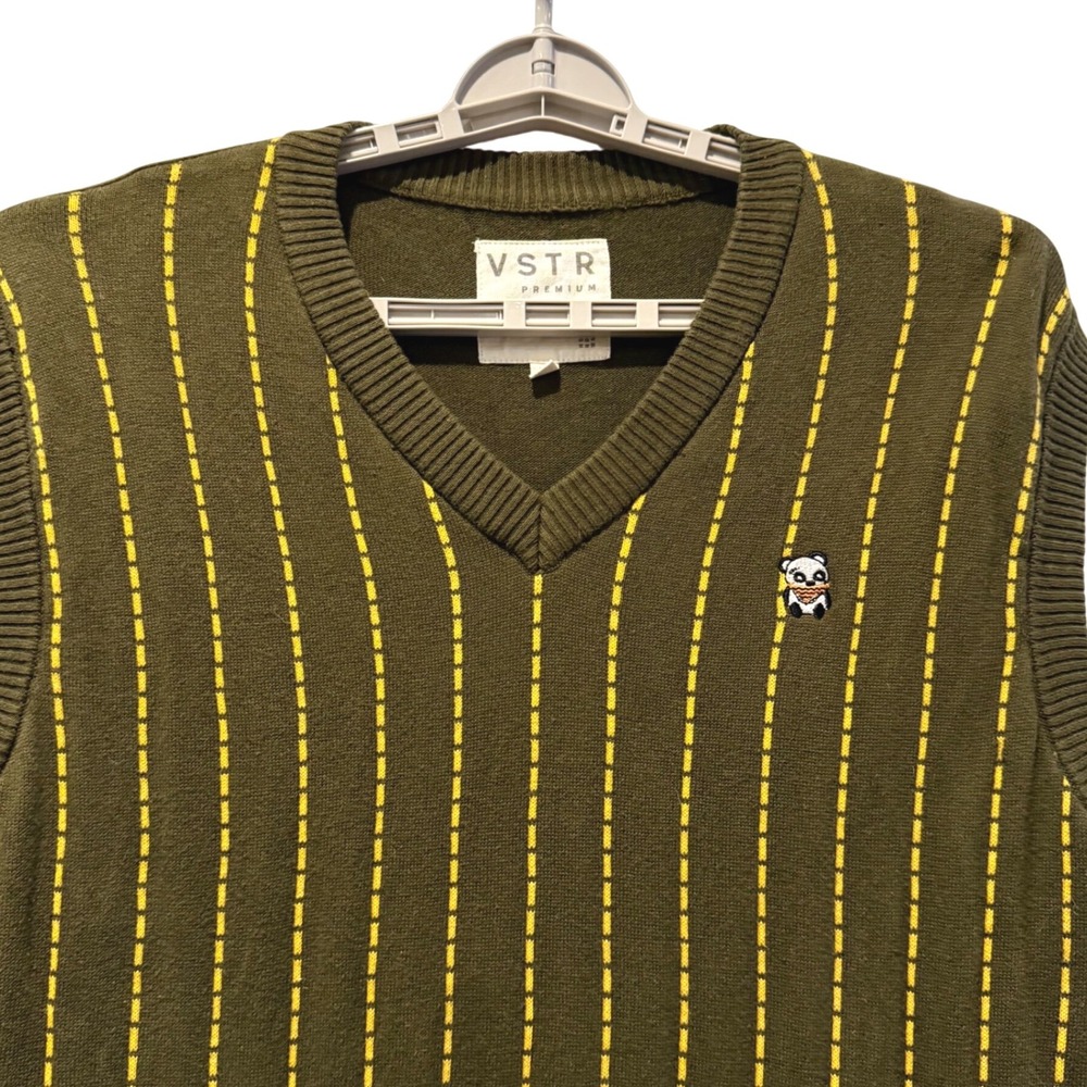VSTR Premium Sweater Vest Green Yellow‎ Striped Panda Modern Nomad Mens XL